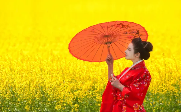 Geisha con paraguas en el campo de floración amarillo — Foto de Stock