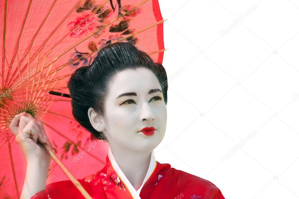 Geisha with umbrella looking up on white background