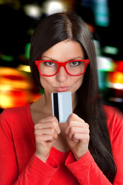 Portrait of a woman with a plastic card — Stock Photo, Image