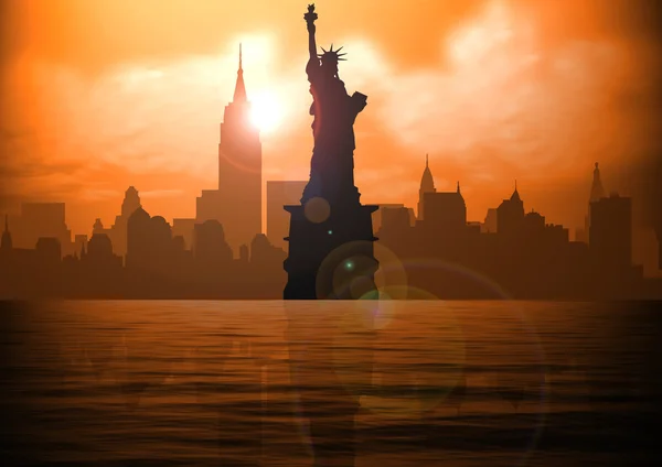 Illustration de la statue de New York et de la liberté au coucher du soleil — Photo