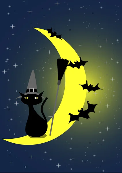 Halloween Black Cat and Bats — Stock Vector