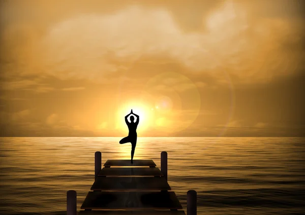 Skladem ilustrace jógu na pláži most při západu slunce — Stock fotografie
