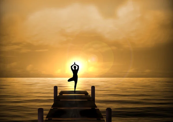 Stock Illustratie van yoga op het strand brug bij zonsondergang