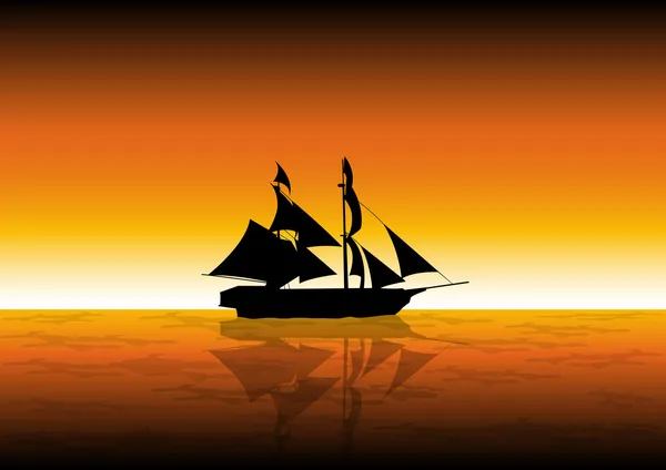 Lager vektor illustration av segla fartyget vid solnedgången — Stock vektor