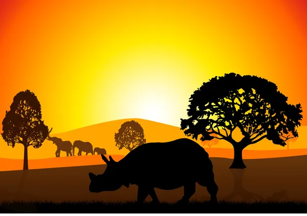 Nosorożce w polowanie w Afryce — Wektor stockowy