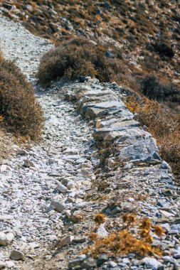 Santorini Adası, Perissa, Yunanistan - 17 Ekim 2021 Santorini 'de Antik Thira yürüyüş yolu, Perissa' ya giden antik yol sizi Profitis Elias ve Mesa Vouno 'nun zirvesine çıkarır.