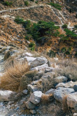 Santorini Adası, Perissa, Yunanistan - 17 Ekim 2021 Santorini 'de Antik Thira yürüyüş yolu, Perissa' ya giden antik yol sizi Profitis Elias ve Mesa Vouno 'nun zirvesine çıkarır.