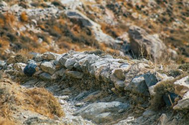 Santorini Adası, Perissa, Yunanistan - 17 Ekim 2021 Santorini 'de Antik Thira yürüyüş yolu, Perissa' ya giden antik yol sizi Profitis Elias ve Mesa Vouno 'nun zirvesine çıkarır.