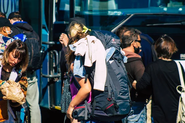 Santorini Fira Grécia Outubro 2021 Multidão Turistas Estação Ônibus Todos — Fotografia de Stock