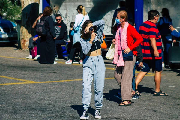 Santorini Fira Grécia Outubro 2021 Multidão Turistas Estação Ônibus Todos — Fotografia de Stock