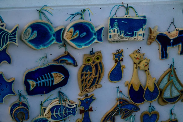 Santorini Island Fira Grécia Outubro 2021 Objetos Decorativos Acessórios Bens — Fotografia de Stock