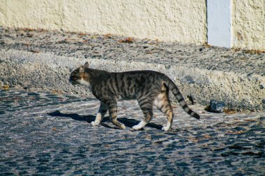 Santorini Adası, Fira, Yunanistan - 21 Ekim 2021 Fira sokakları, sembolik bir şehir ve Santorini adasının başkenti