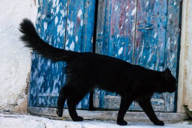 Santorini Adası, Fira, Yunanistan - 21 Ekim 2021 Fira sokakları, sembolik bir şehir ve Santorini adasının başkenti