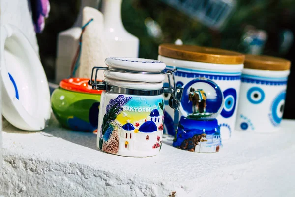 Santorini Oia Griekenland Oktober 2021 Decoratieve Voorwerpen Accessoires Goederen Verkocht — Stockfoto