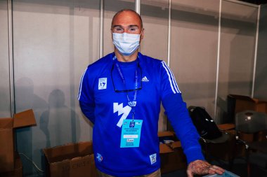 Atina, Yunanistan - 11 Kasım 2021 Atina Maratonu için kayıt sahası, yarış Coronavirus salgını nedeniyle 1 yıl aradan sonra 14 Kasım 2021 'de gerçekleşti