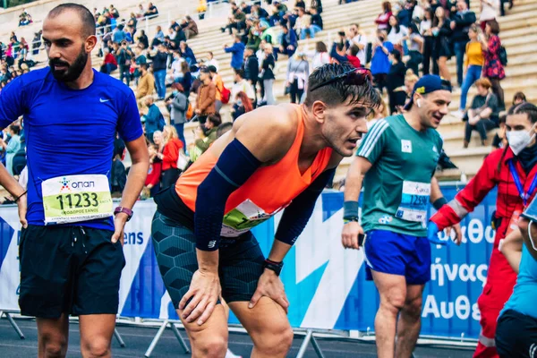 Athens Greece November 2021 Runners Finish 38Th Authentic Athens Marathon — Stock Photo, Image