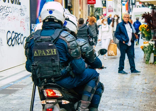Atény Řecko Listopadu 2021 Řecká Policie Hlídce Centru Atén Během — Stock fotografie