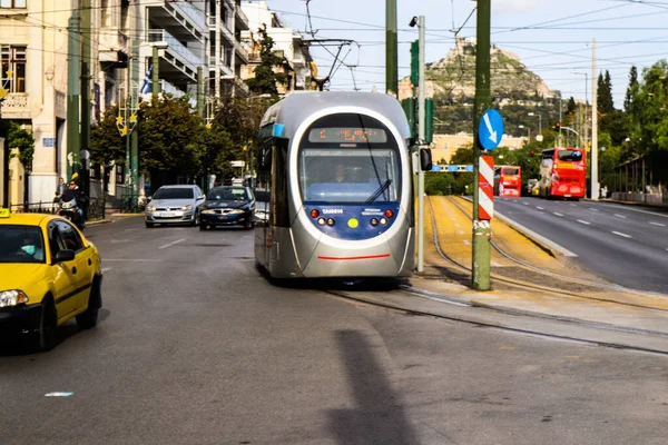 Atenas Grecia Noviembre 2021 Moderno Tranvía Eléctrico Para Pasajeros Que — Foto de Stock
