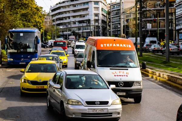 Athens Greece November 2021 Traffic Jam Downtown Athens Central Roads — Stock Photo, Image