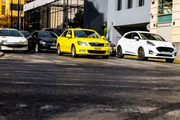 Athens Greece November 2021 Taxi Driving Streets Athens Coronavirus Epidemic — Stock Photo, Image