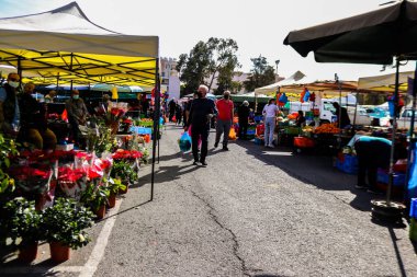 Limasol, Kıbrıs - 27 Kasım 2021 Sebze ve meyveler, Kıbrıs Rum Kesimi 'nde meydana gelen koronavirüs salgını sırasında Limasol' da satıldı.