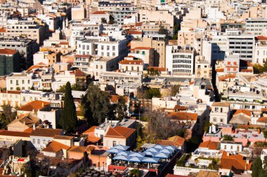 Atina, Yunanistan - 22 Kasım 2021 Panoramik Atina manzarası ve sembolik bir şehir ve Yunanistan 'ın başkenti