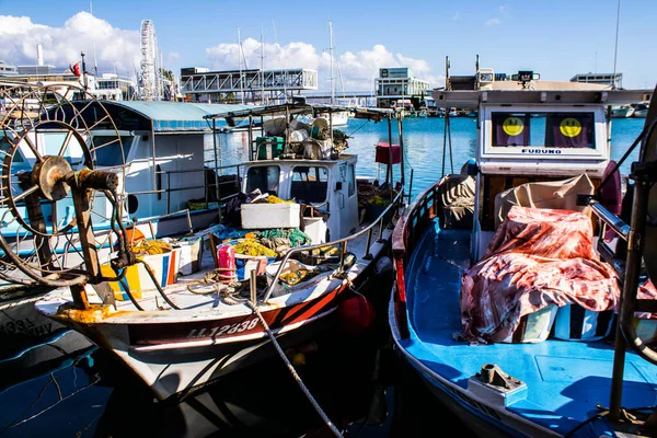 Limassol Chipre Dezembro 2021 Barco Pesca Ancorado Marina Limassol Durante — Fotografia de Stock