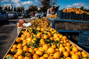 Famagusta, Kuzey Kıbrıs Türk Cumhuriyeti - 13 Ocak 2022 Tipik Kıbrıs pazarı, canlı, koku ve yaşam dolu. Taze ürünler, sebzeler, baharatlar, fındıklar, çeşitli tezgahlardaki balıklar.
