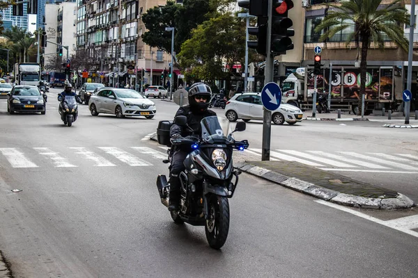 Tel Aviv Israel Febrero 2022 Motocicleta Policial Circulando Por Las — Foto de Stock