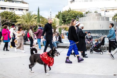 Tel Aviv, İsrail - 18 Mart 2022 Dizengoff Meydanı 'ndaki İsrail halkı, Mart ayında İsrail' de düzenlenen Purim karnavalı kutlaması için kostüm giymişti.