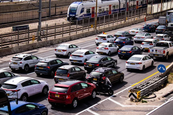 Tel Aviv Israel April 2022 Tung Trafikstockning Motorvägen Ayalon Tel — Stockfoto