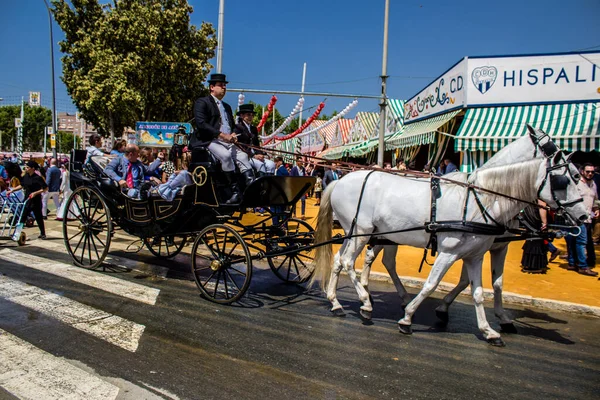 Seville Spain May 2022 Sevillians Dressed Traditional Andalusian Way Riding — Stock Photo, Image