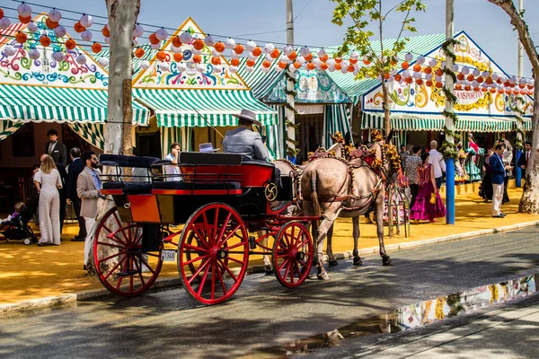 Seville, İspanya - 1 Mayıs 2022 Sevillianlar geleneksel Endülüs tarzında giyinmiş bir at arabasıyla İspanya 'nın en ünlü festivali olan Feria de Sevilla' nın koridorlarında dolaşıyorlar.