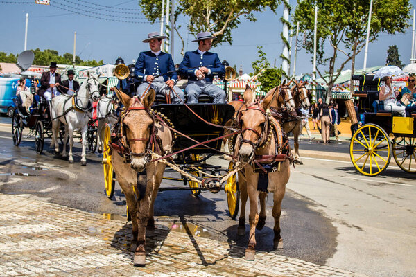 Seville, Spain - May 01, 2022 Sevillians dressed in the traditional Andalusian way riding in a horse drawn carriage through the aisles of the Feria de Sevilla, the most famous festival in Spain