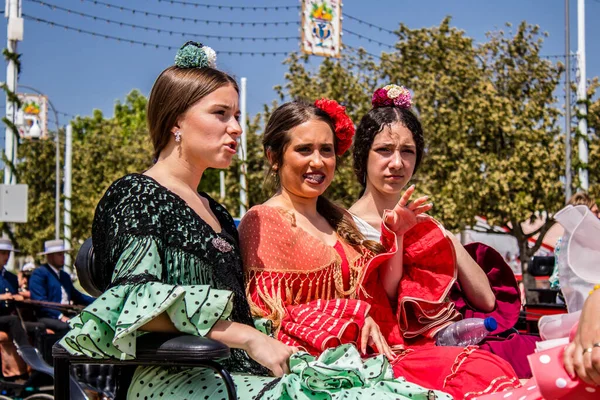 Seville Spain May 2022 Sevillians Dressed Traditional Andalusian Way Riding — Fotografia de Stock