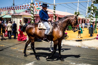Seville, İspanya - 1 Mayıs 2022 Sevilya 'nın en ünlü festivali olan Feria de Seville' in koridorlarında geleneksel Endülüs tarzı giyinmiş