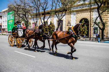 Seville, İspanya... 1 Mayıs 2022 Sevilla 'lılar geleneksel Endülüs tarzında giyinip Seville sokaklarında at arabasıyla geziyorlar.