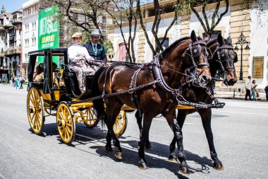 Seville, Spain- May 01, 2022 Sevillians dressed in traditional Andalusian way riding in a carriage with horses through the streets of Seville, celebration  back after two years of absence due to covid