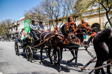 Seville, İspanya... 1 Mayıs 2022 Sevilla 'lılar geleneksel Endülüs tarzında giyinip Seville sokaklarında at arabasıyla geziyorlar.
