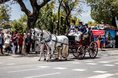 Seville, İspanya... 1 Mayıs 2022 Sevilla 'lılar geleneksel Endülüs tarzında giyinip Seville sokaklarında at arabasıyla geziyorlar.
