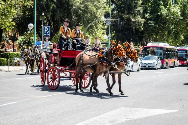 Seville, İspanya... 1 Mayıs 2022 Sevilla 'lılar geleneksel Endülüs tarzında giyinip Seville sokaklarında at arabasıyla geziyorlar.