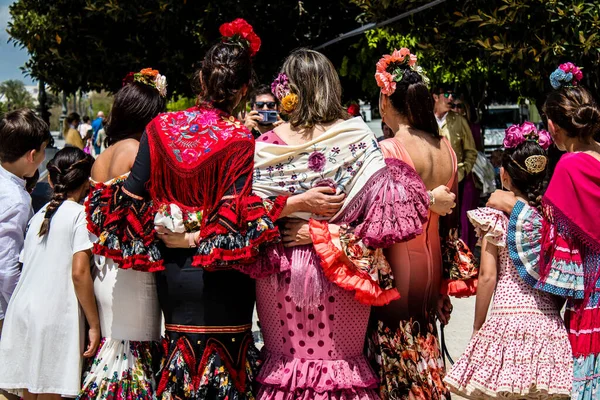Seville Spain May 2022 Sevillians Dressed Traditional Andalusian Way Walking — Stock Photo, Image