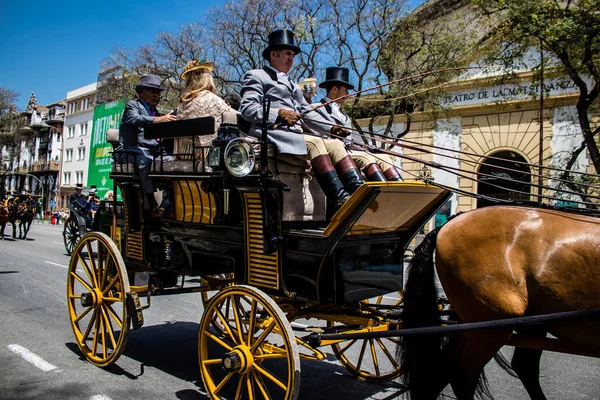 Seville, İspanya - 01 Mayıs 2022 at arabası sürücüsü İspanya 'nın en ünlü festivali Feria de Sevilla' da geçit töreni yapıyor.