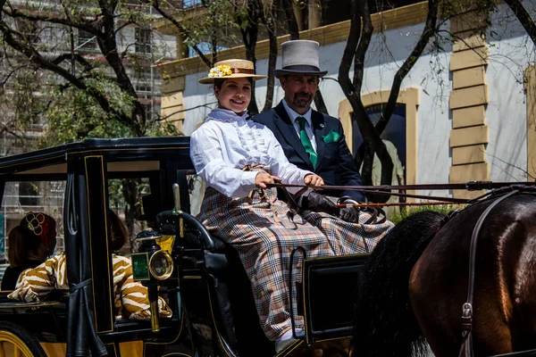 Seville, İspanya - 01 Mayıs 2022 at arabası sürücüsü İspanya 'nın en ünlü festivali Feria de Sevilla' da geçit töreni yapıyor.