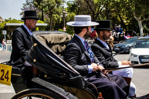 Seville, İspanya - 01 Mayıs 2022 at arabası sürücüsü İspanya 'nın en ünlü festivali Feria de Sevilla' da geçit töreni yapıyor.