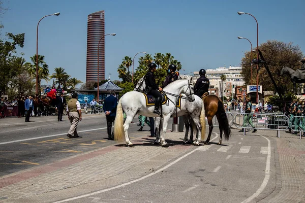 Seville, İspanya - 01 Mayıs 2022 İspanya 'nın en ünlü festivali olan Feria de Sevilla' da atla sokaklarda gezen polis iki yıl süren şiddetli bir salgından sonra kutlamaya geri döndü.