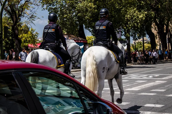 Seville, İspanya - 01 Mayıs 2022 İspanya 'nın en ünlü festivali olan Feria de Sevilla' da atla sokaklarda gezen polis iki yıl süren şiddetli bir salgından sonra kutlamaya geri döndü.