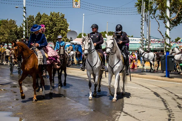 Seville, İspanya - 01 Mayıs 2022 İspanya 'nın en ünlü festivali olan Feria de Sevilla' da atla sokaklarda gezen polis iki yıl süren şiddetli bir salgından sonra kutlamaya geri döndü.