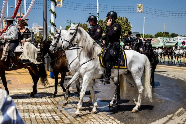 Seville, İspanya - 01 Mayıs 2022 İspanya 'nın en ünlü festivali olan Feria de Sevilla' da atla sokaklarda gezen polis iki yıl süren şiddetli bir salgından sonra kutlamaya geri döndü.