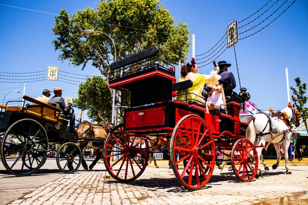 Seville Spain May 2022 Sevillians Dressed Traditional Andalusian Way Riding — Stock Photo, Image